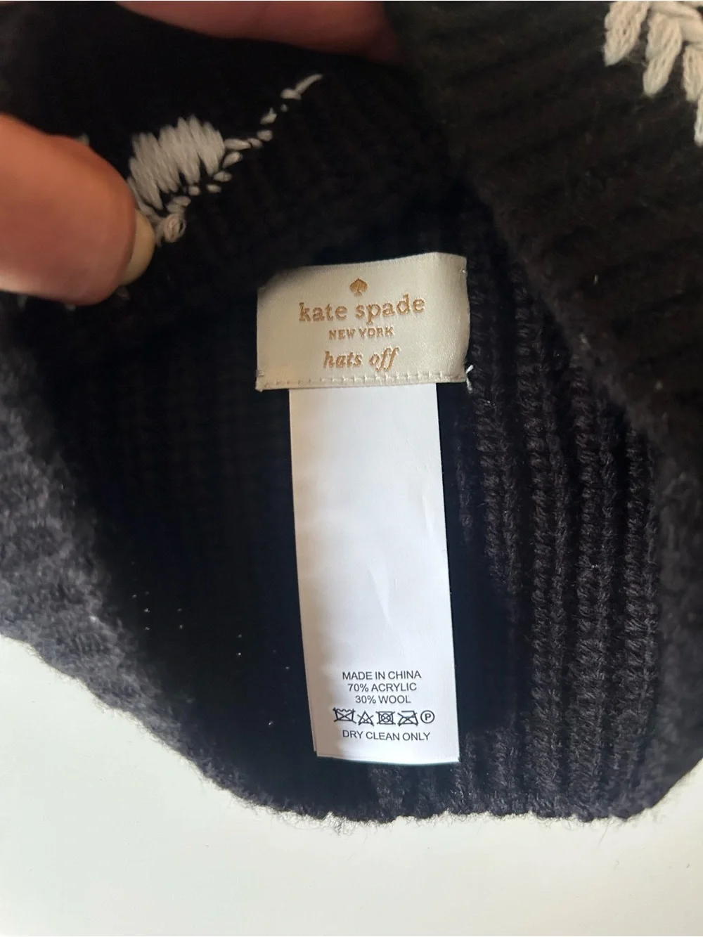 kate spade Black wool blend Knit Beanie with White Eyelash Motif